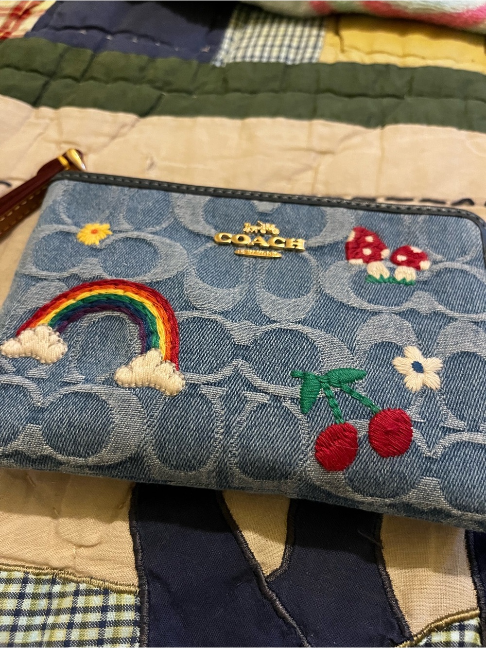 Coach Denim Embroidered Corner Wristlet